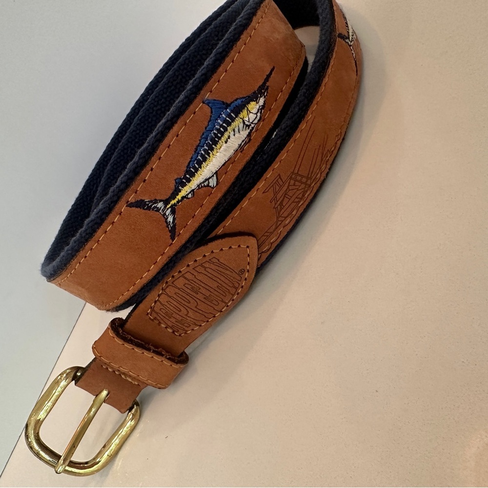 Zeppelin Belt Sz 44 Brown Leather Marlin Sailfi Fishing Embroidered Brass Buckle